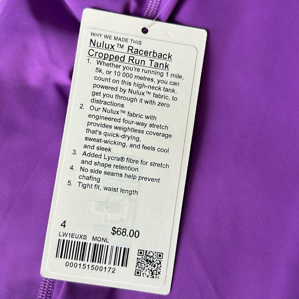 Lululemon NULUX RACERBACK CROPPED RUN TANK TOP size 4 MOONLIT MAGENTA NWT - Picture 3 of 6